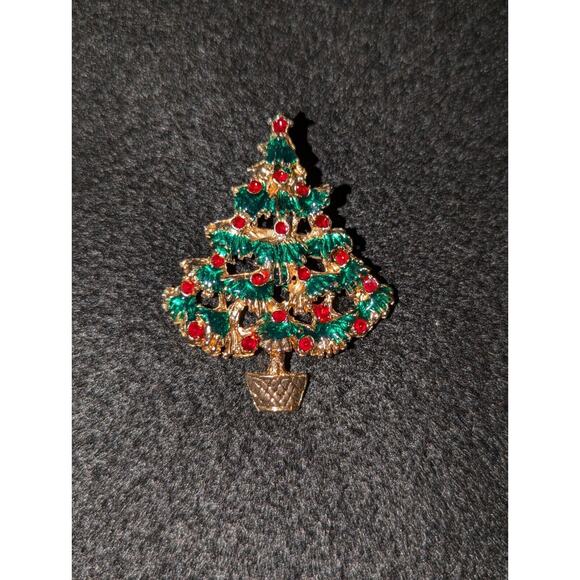 Vintage Christmas Tree Gold tone Green Enamel with Rhinestones Brooch/Pin - Picture 1 of 4